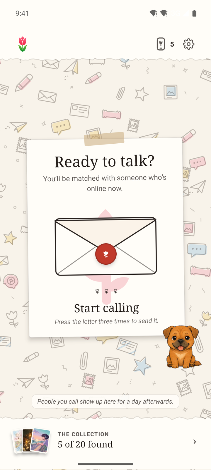 The CallMe Lobby, with the cartoon dog beside the letter you press to start a call