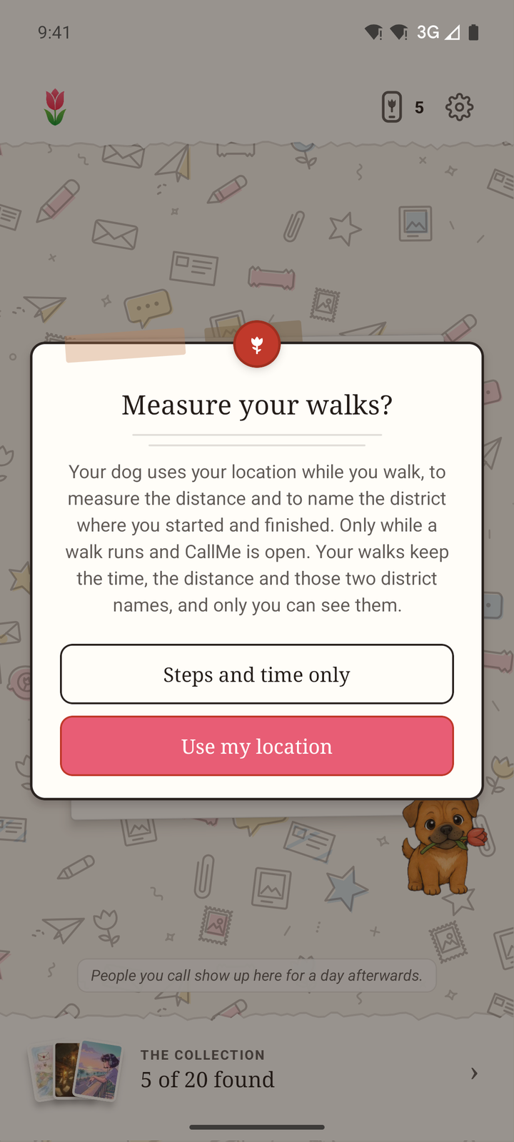 CallMe asking before it uses location for a walk, with a choice of steps and time only