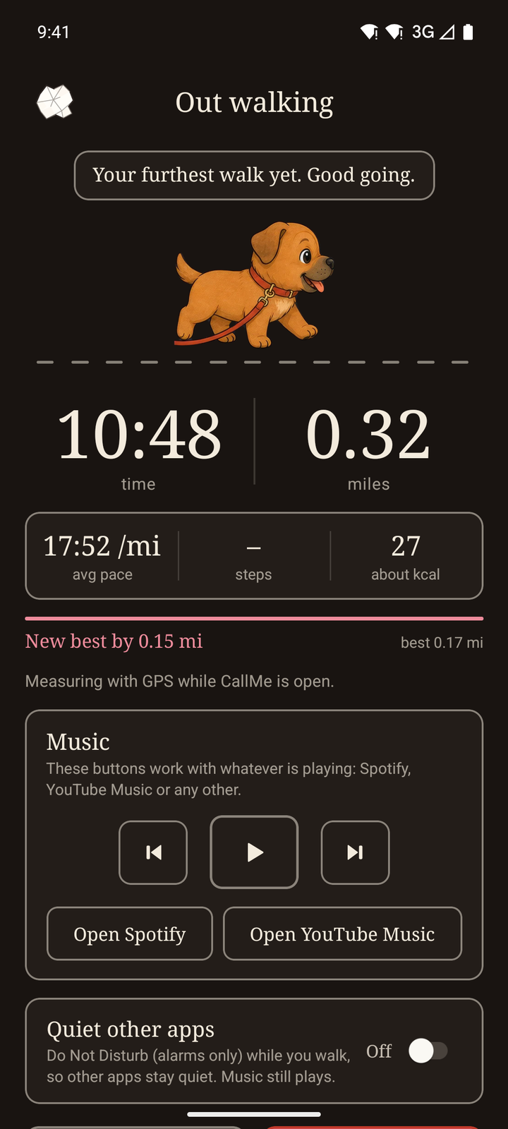A dog walk in CallMe, showing 0.32 miles, the pace, the time and about how many calories