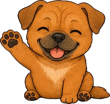 The dog sitting up, smiling and waving a paw