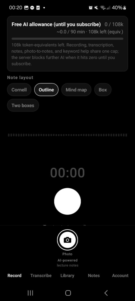 Note Taker: record screen with layouts and AI allowance